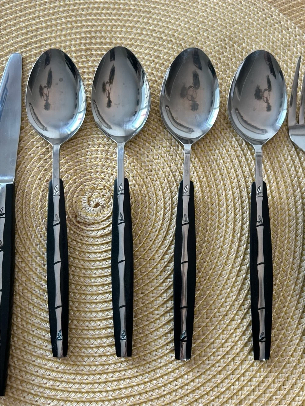 VTG Lifetime Cutlery Japan 15 pc Bamboo Inset Black Handle 7Spoons4Knives4Forks